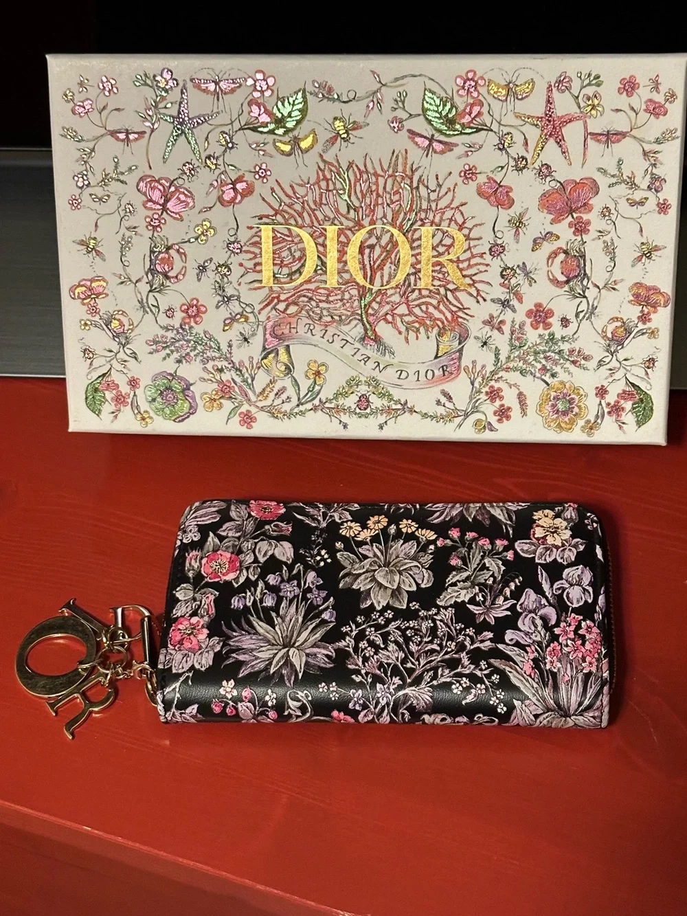 Dior Calfskin Millefiori Printed Lady Dior Zip Wallet Floral Black